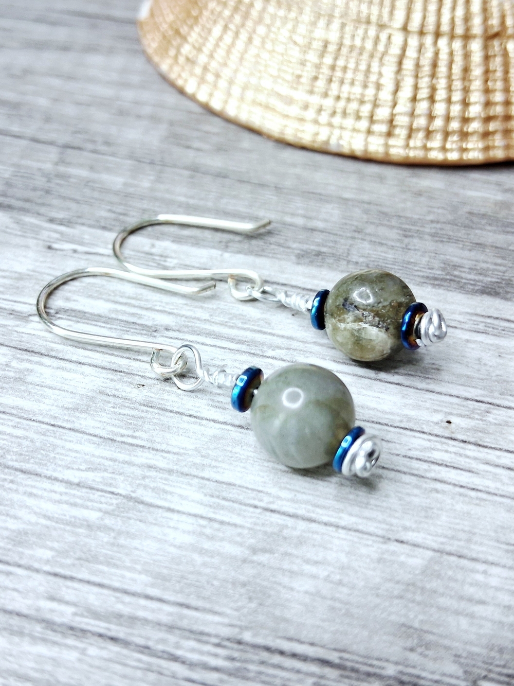 Labradorite Gemstone Drop Earrings with Blue Hematite Accent